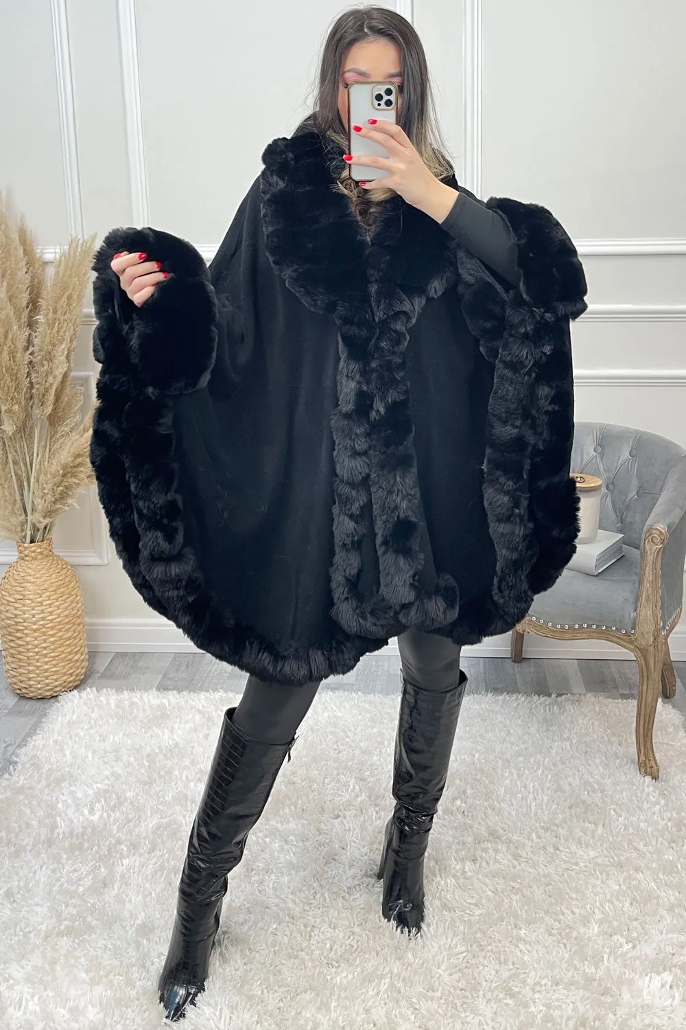Janell Black Faux Fur Trim Cape