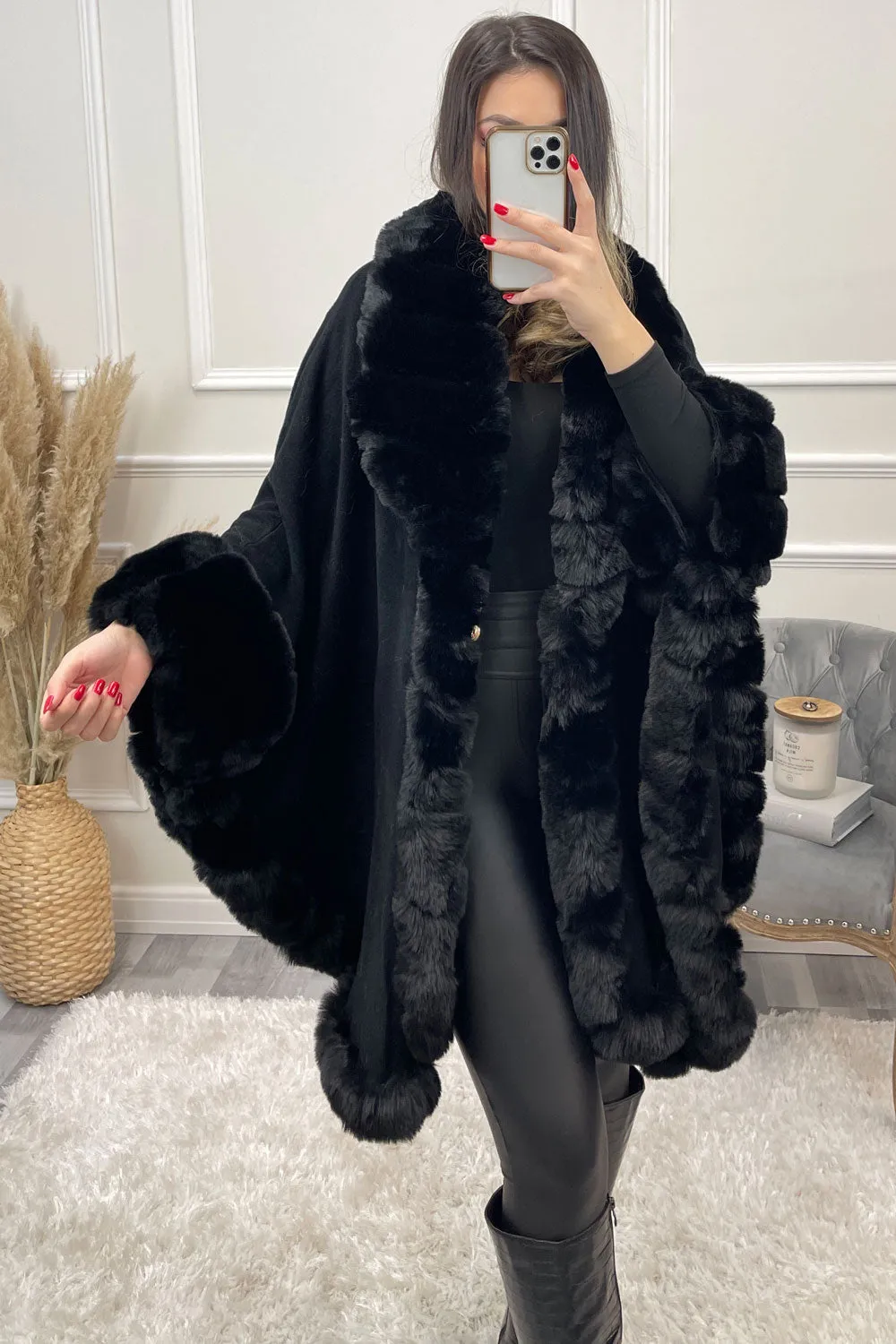Janell Black Faux Fur Trim Cape