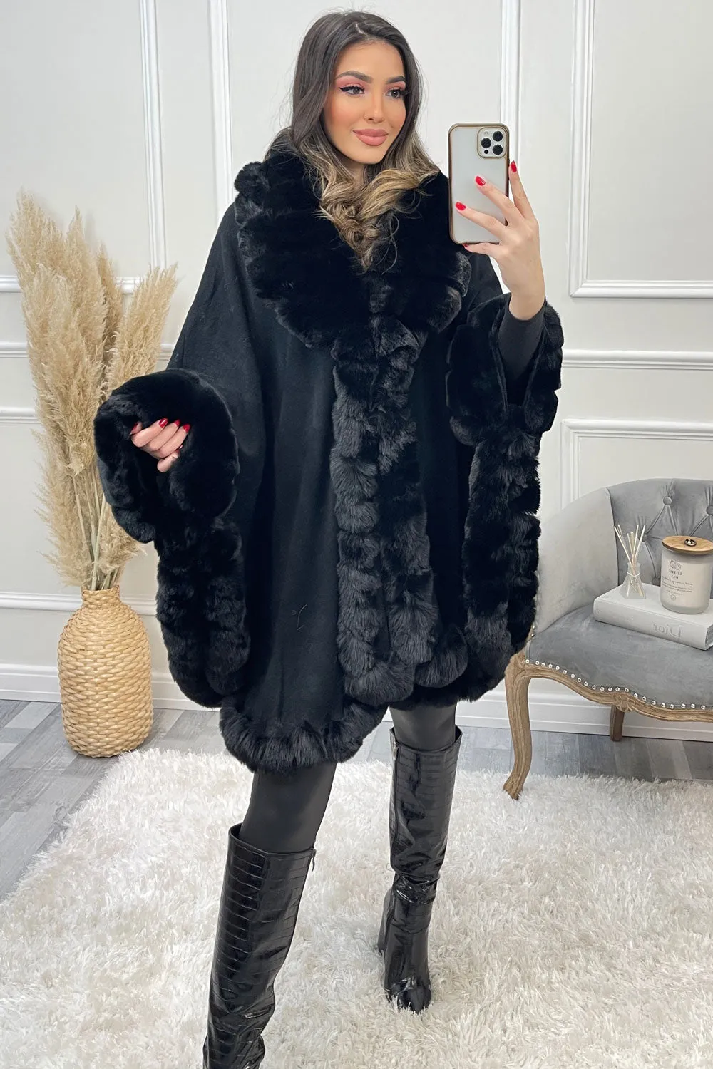 Janell Black Faux Fur Trim Cape