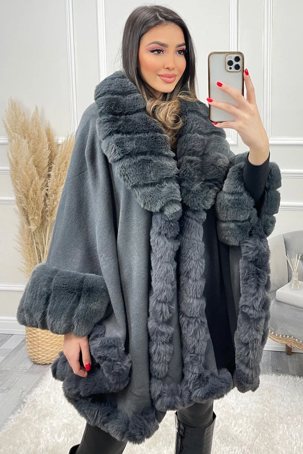 Janell Grey Faux Fur Trim Cape