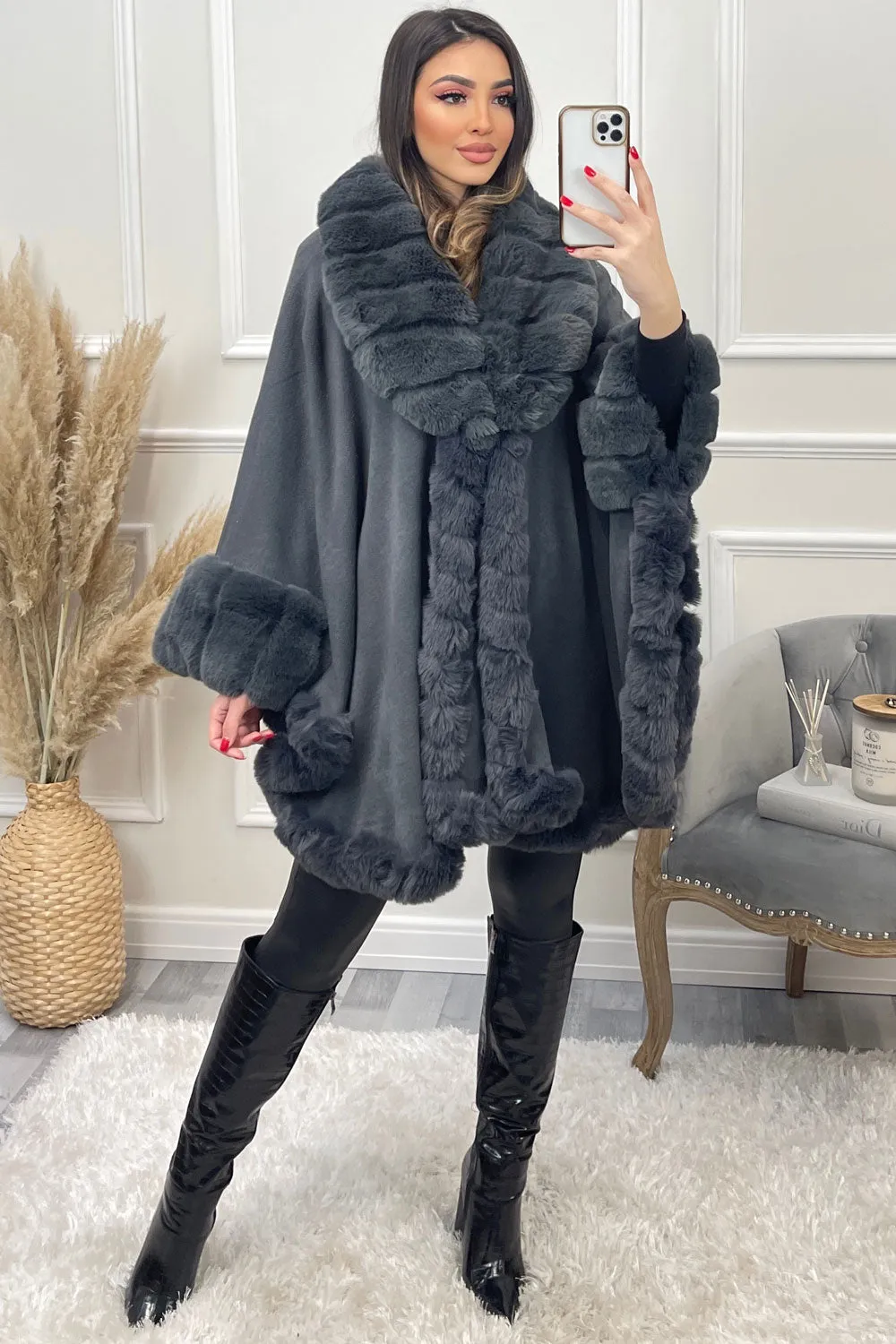 Janell Grey Faux Fur Trim Cape