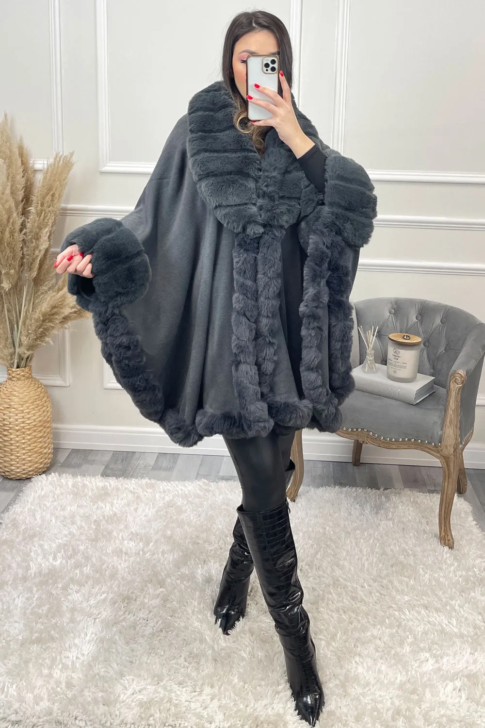 Janell Grey Faux Fur Trim Cape