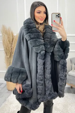 Janell Grey Faux Fur Trim Cape