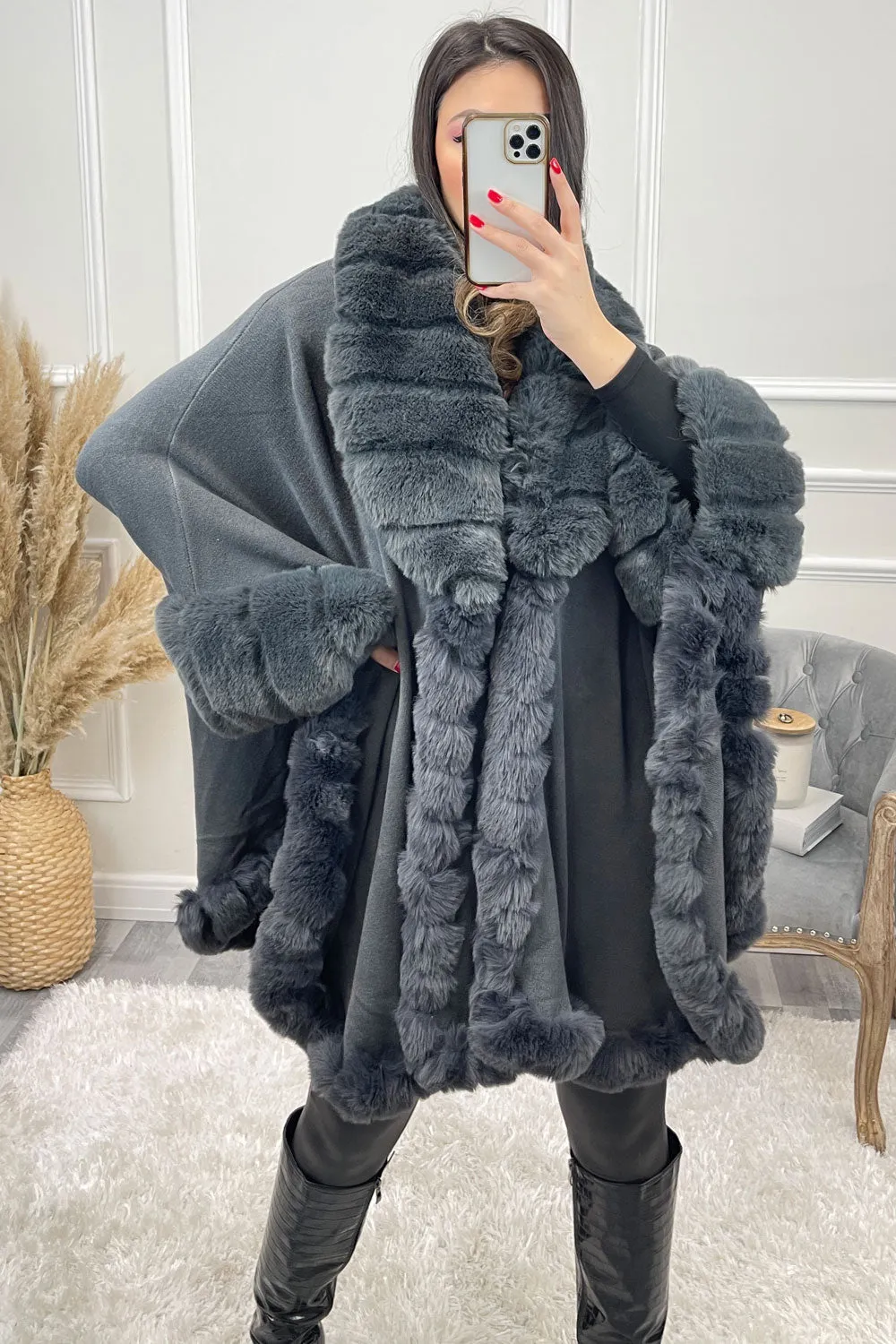 Janell Grey Faux Fur Trim Cape