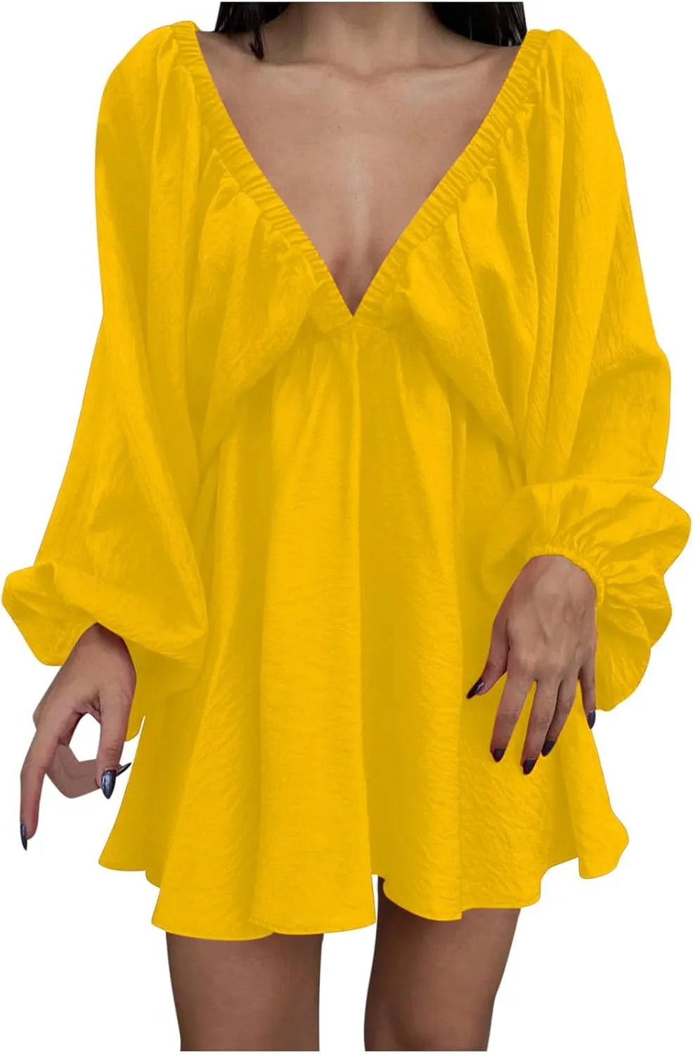 Knee Length Dress for Women 2025 Summer Sexy Long Sleeve V Neck Mini Dresses Casual Loose Fit Vintage Short Dress