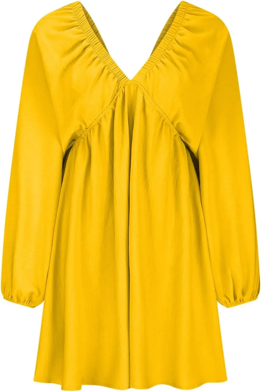 Knee Length Dress for Women 2025 Summer Sexy Long Sleeve V Neck Mini Dresses Casual Loose Fit Vintage Short Dress