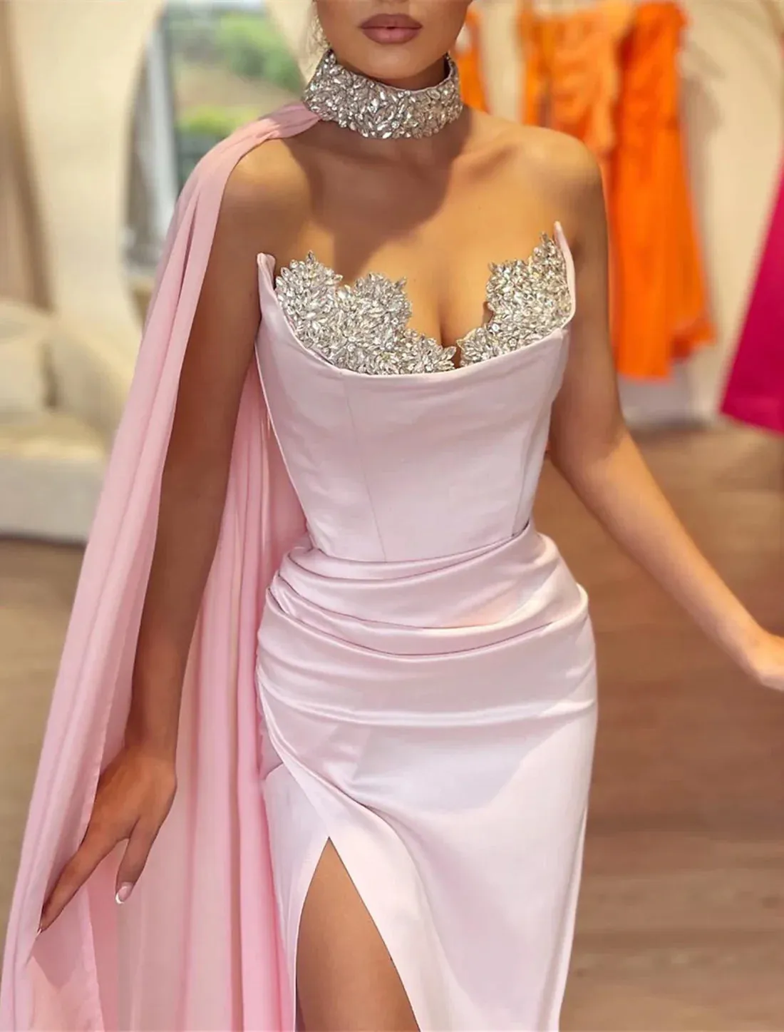 Luolandi Mermaid Evening Gown Black Dress Dress Formal Masquerade Carival Sweep / Brush Train Sleeveless Strapless Capes Satin with Rhinestone Ruched Slit Sexy