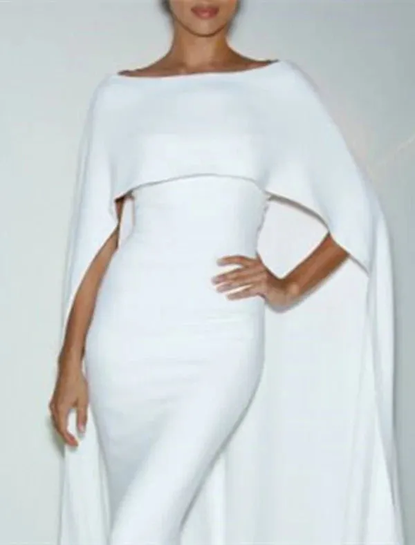 Luolandi Mermaid Party Dress Evening Gown Formal Wedding Guest Floor Length Sleeveless Jewel Neck Capes Stretch Chiffon