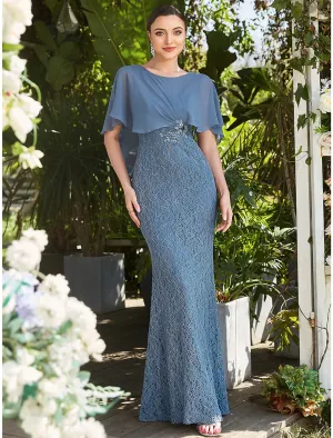 Luolandi Mermaid / Trumpet Fall Wedding Guest Party Dresses Elegant Mother of the Bride Dress Formal Dress Floor Length Sleeveless Jewel Neck Capes Lace