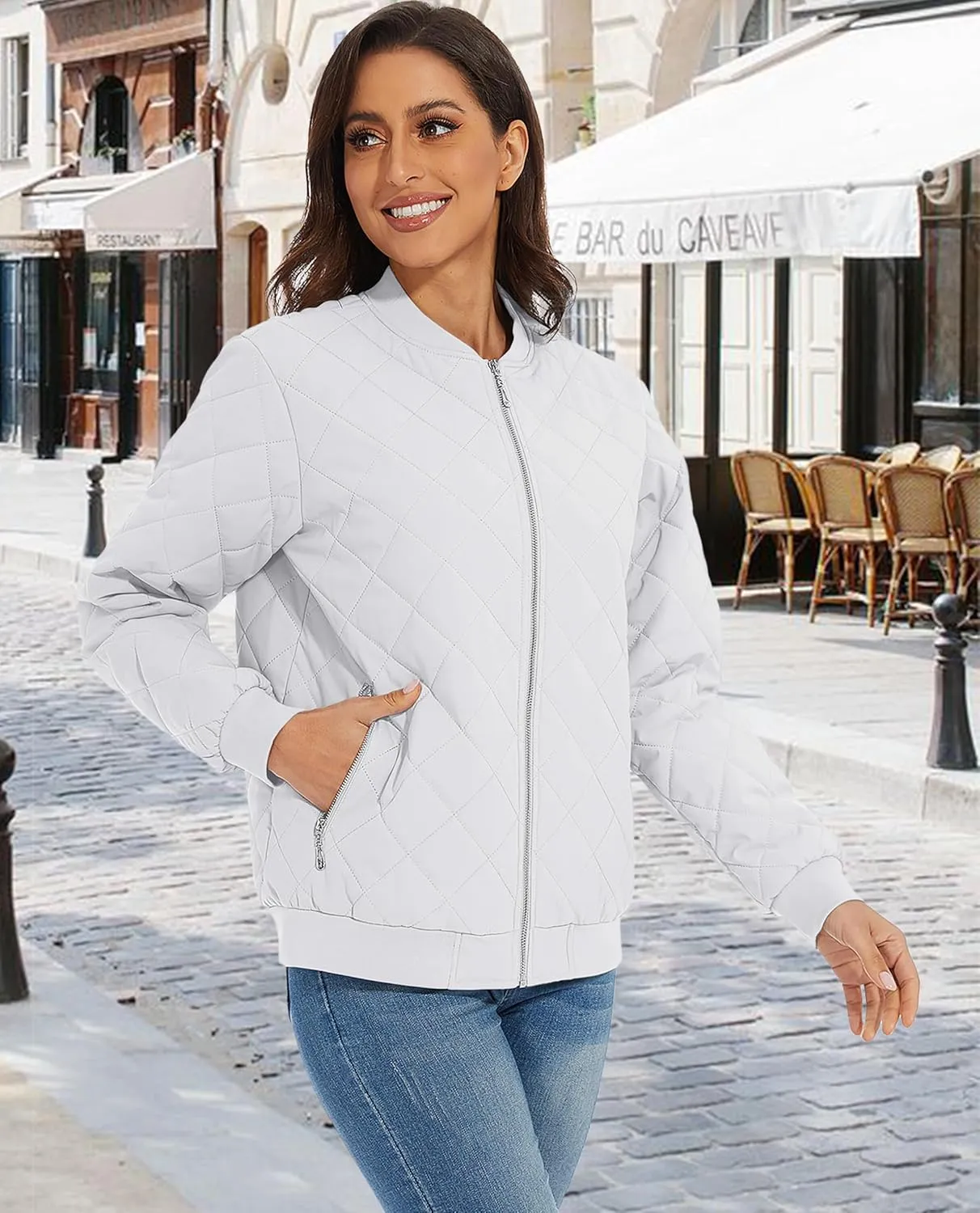 MAGCOMSEN Women's Diamond Quilted Jackets Lightweight Casual Bomber Jacket Warm Cotton Padded Coats with 2 Pockets
