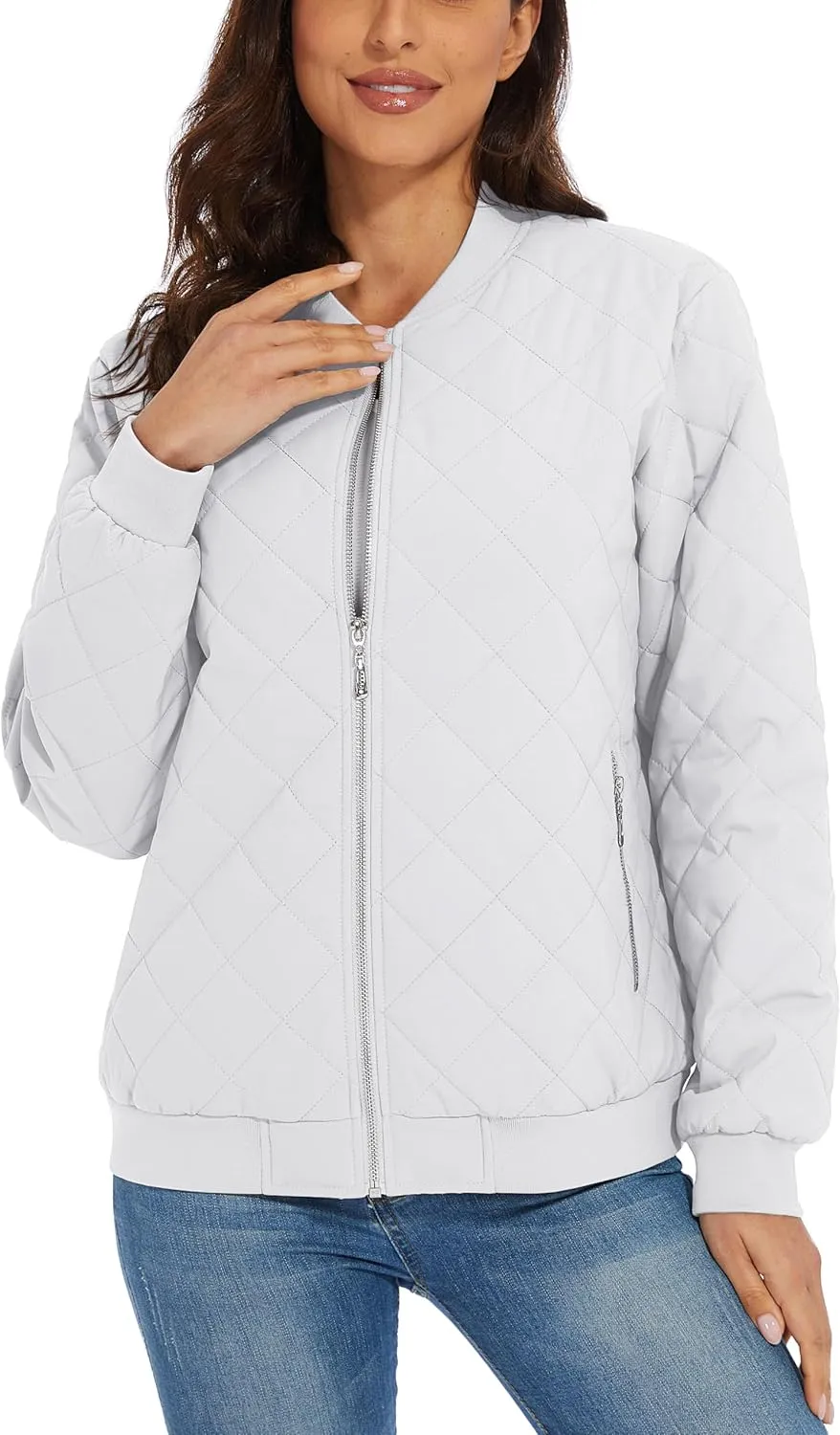 MAGCOMSEN Women's Diamond Quilted Jackets Lightweight Casual Bomber Jacket Warm Cotton Padded Coats with 2 Pockets