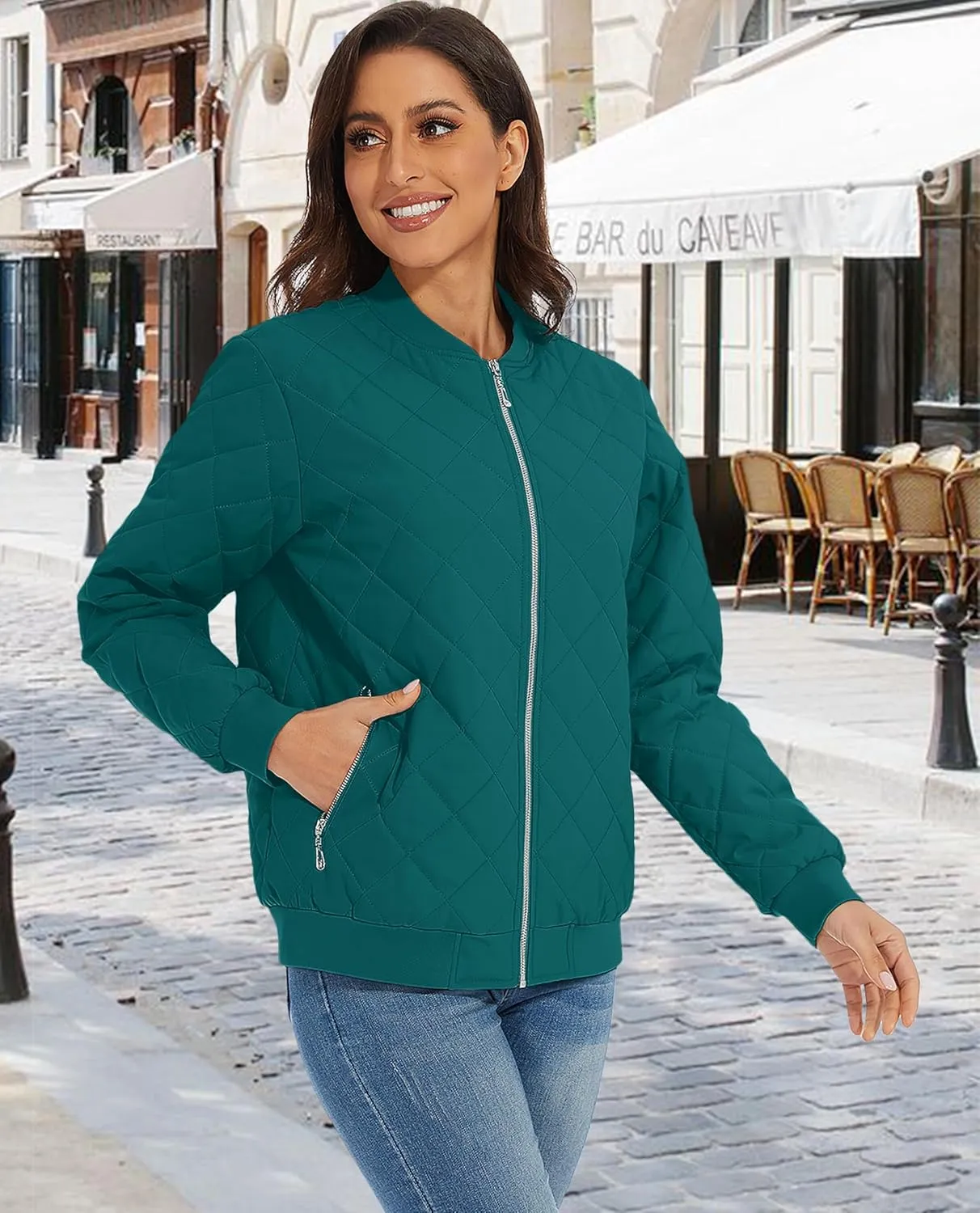 MAGCOMSEN Women's Diamond Quilted Jackets Lightweight Casual Bomber Jacket Warm Cotton Padded Coats with 2 Pockets
