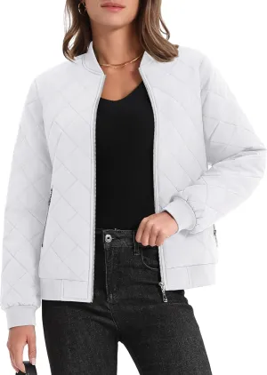 MAGCOMSEN Women's Diamond Quilted Jackets Lightweight Casual Bomber Jacket Warm Cotton Padded Coats with 2 Pockets