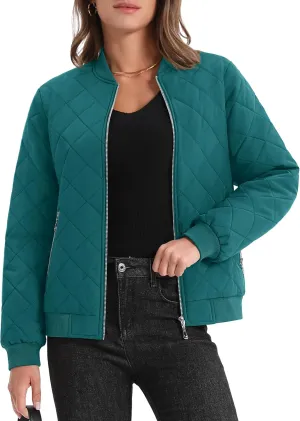 MAGCOMSEN Women's Diamond Quilted Jackets Lightweight Casual Bomber Jacket Warm Cotton Padded Coats with 2 Pockets