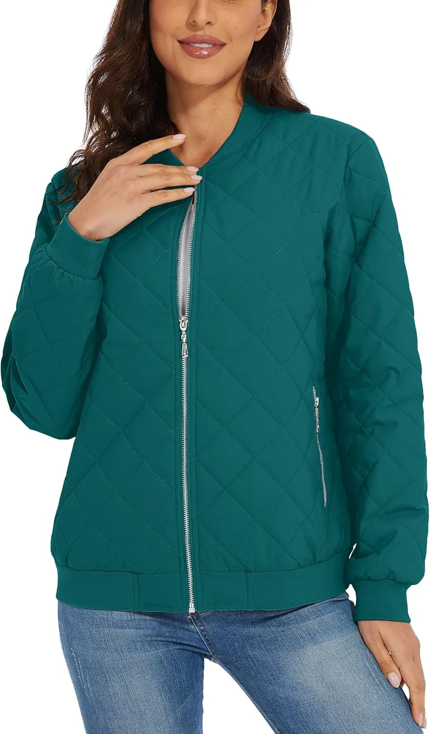 MAGCOMSEN Women's Diamond Quilted Jackets Lightweight Casual Bomber Jacket Warm Cotton Padded Coats with 2 Pockets