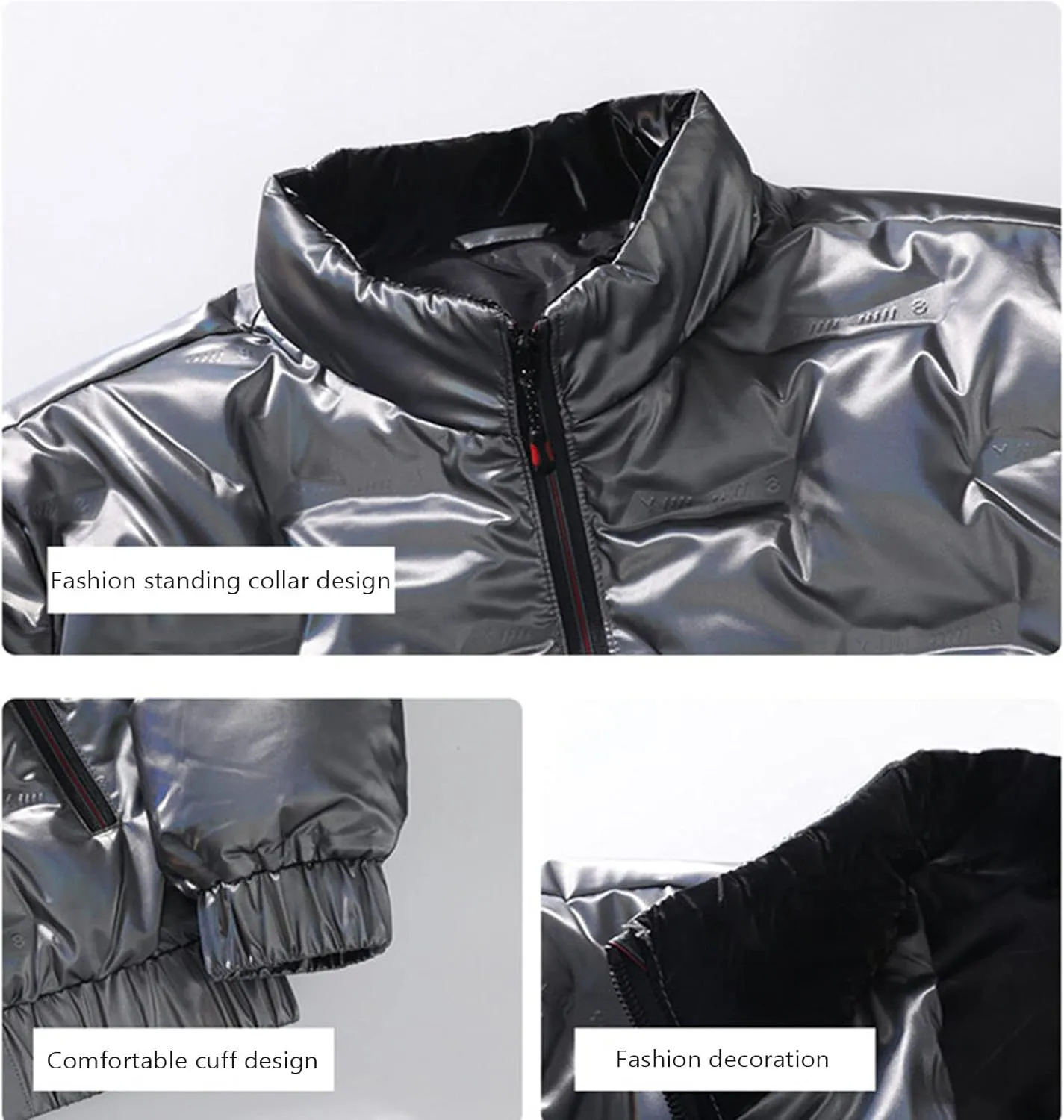 Men's Casual Full Zip Metallic Shiny Short Bomber Parka Down Padded Coat Glossy Cotton Jacket Waterproof Windproof Down