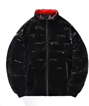Men's Casual Full Zip Metallic Shiny Short Bomber Parka Down Padded Coat Glossy Cotton Jacket Waterproof Windproof Down