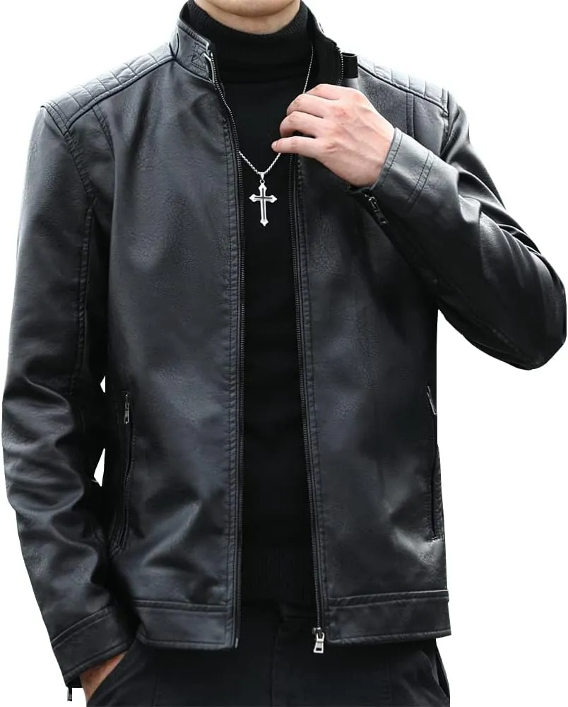Mens Casual Stand Collar Faux Leather Jacket Biker Motorcycle Jackets