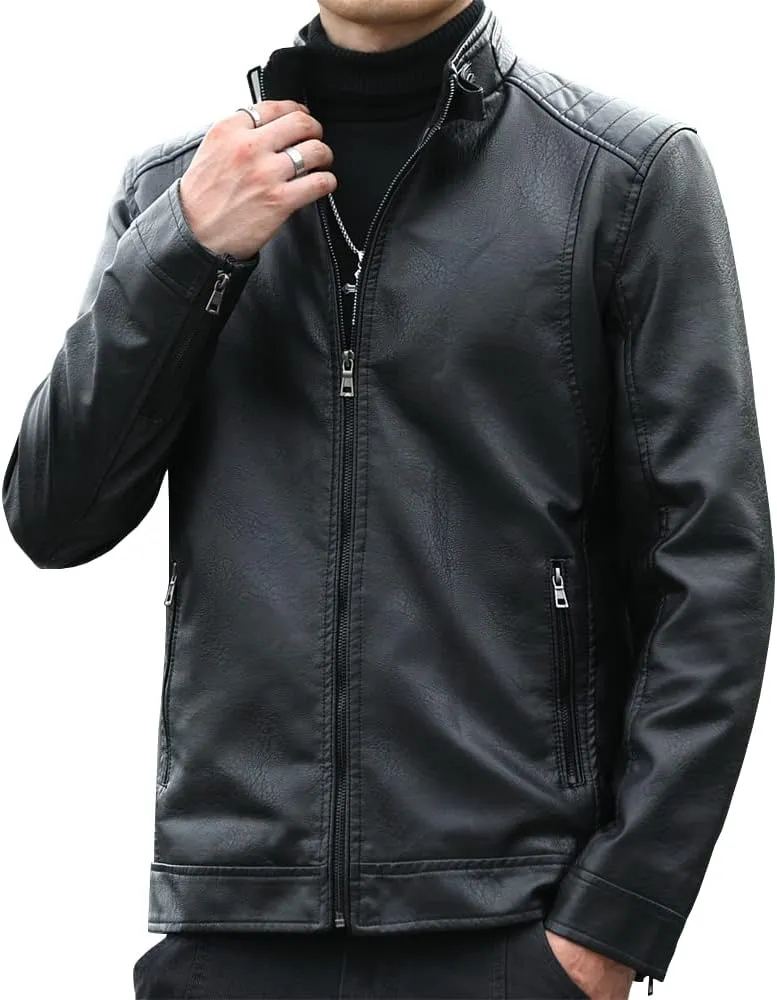 Mens Casual Stand Collar Faux Leather Jacket Biker Motorcycle Jackets