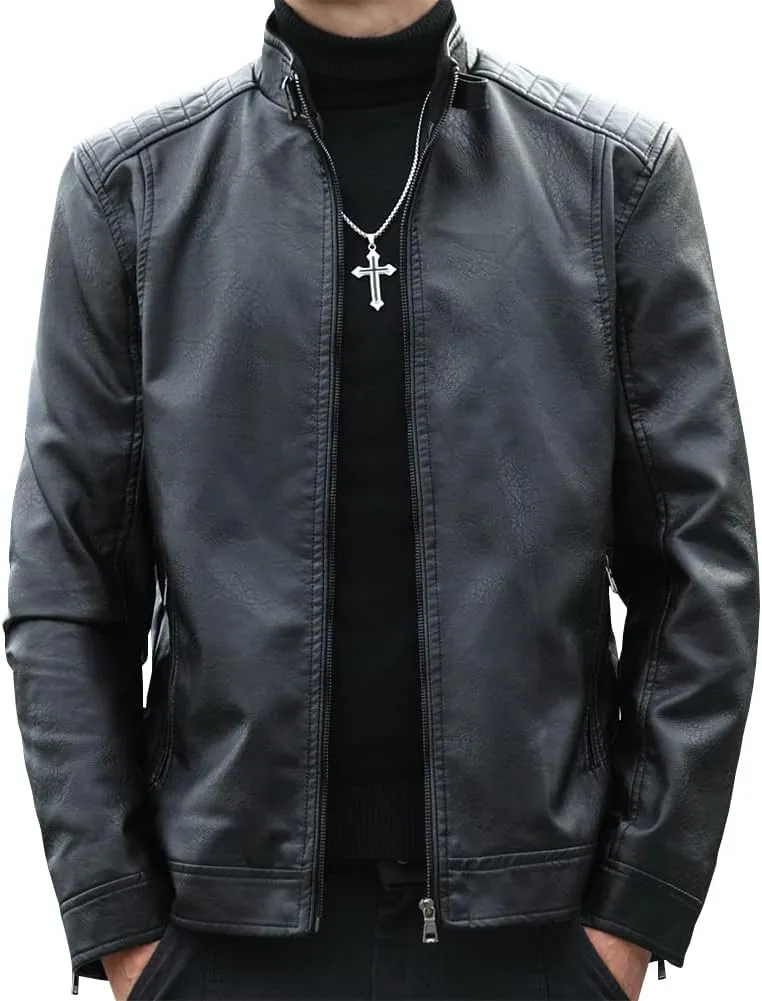 Mens Casual Stand Collar Faux Leather Jacket Biker Motorcycle Jackets