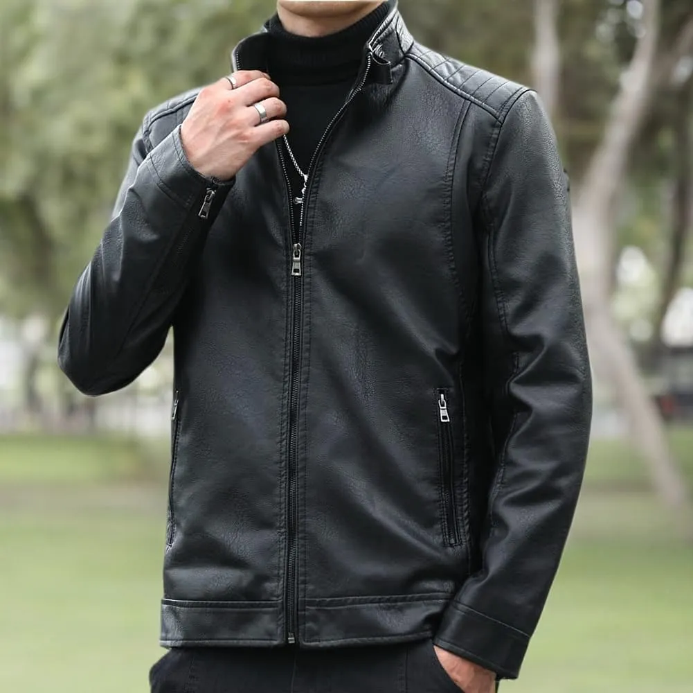 Mens Casual Stand Collar Faux Leather Jacket Biker Motorcycle Jackets