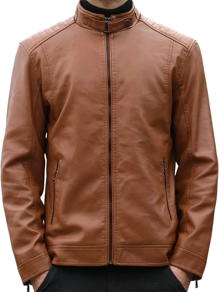 Mens Casual Stand Collar Faux Leather Jacket Biker Motorcycle Jackets