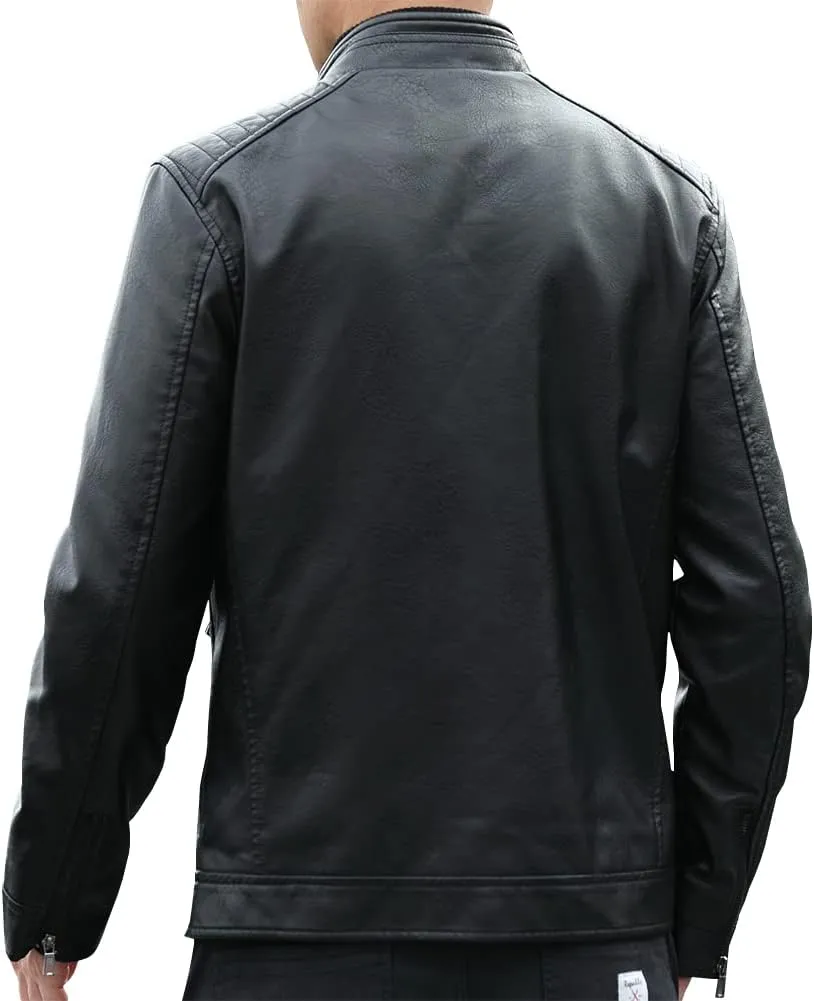 Mens Casual Stand Collar Faux Leather Jacket Biker Motorcycle Jackets