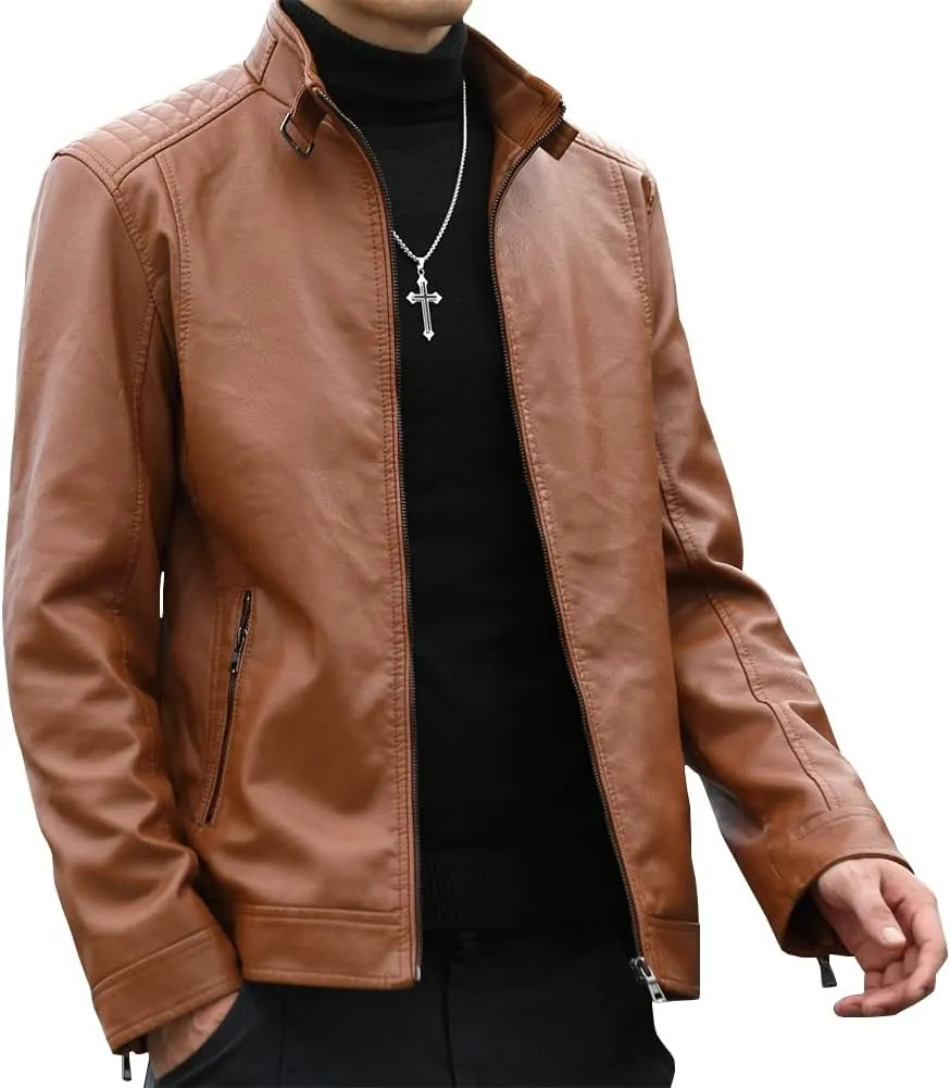 Mens Casual Stand Collar Faux Leather Jacket Biker Motorcycle Jackets