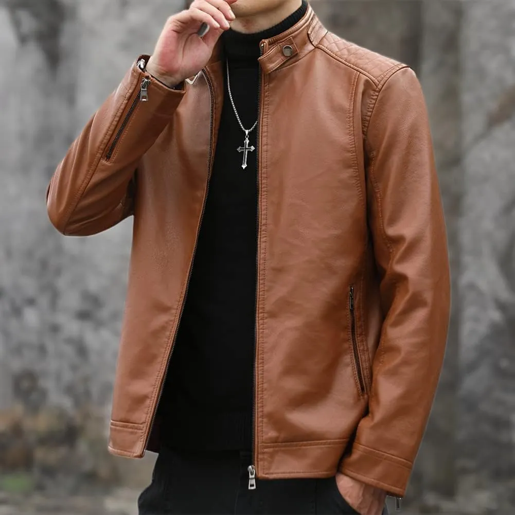 Mens Casual Stand Collar Faux Leather Jacket Biker Motorcycle Jackets
