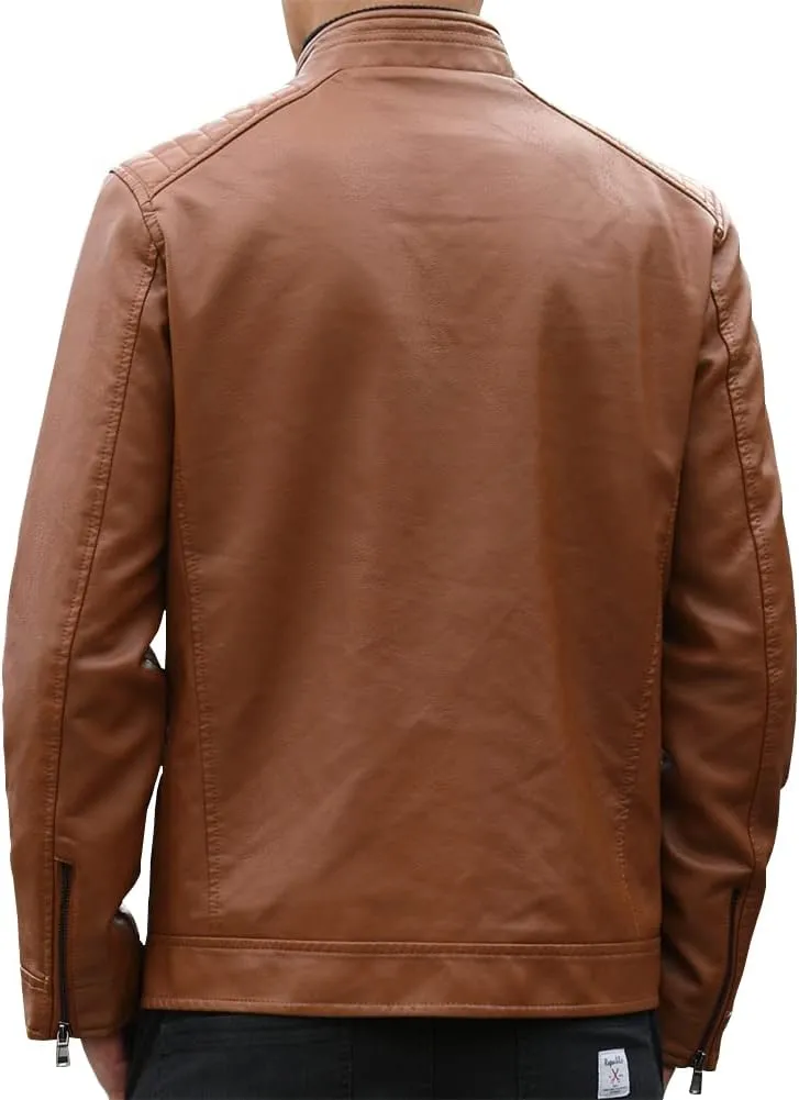 Mens Casual Stand Collar Faux Leather Jacket Biker Motorcycle Jackets