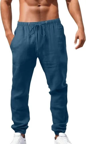 Men's Cotton Linen Athletic Gym Pants Stretch Elastic Waist Joggers Hiking Hunting Work Trousers Beach Pants Chino Pant Stretch Mens Thermal Underwear Bottoms