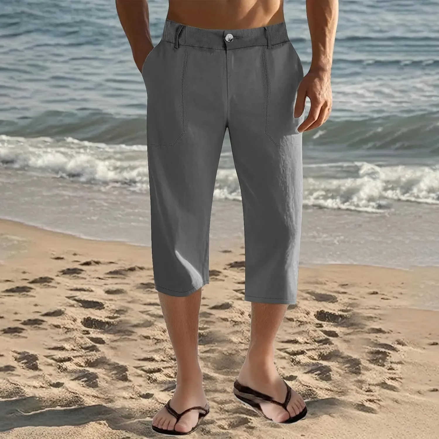 Mens Cropped Linen Pants with Button Closure Relaxed Fit Casual Beachwear Pants for Men Summer Style