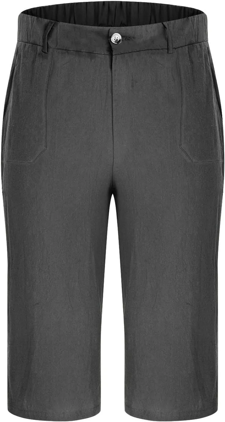 Mens Cropped Linen Pants with Button Closure Relaxed Fit Casual Beachwear Pants for Men Summer Style