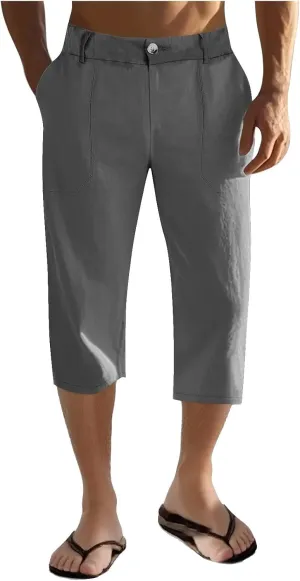 Mens Cropped Linen Pants with Button Closure Relaxed Fit Casual Beachwear Pants for Men Summer Style