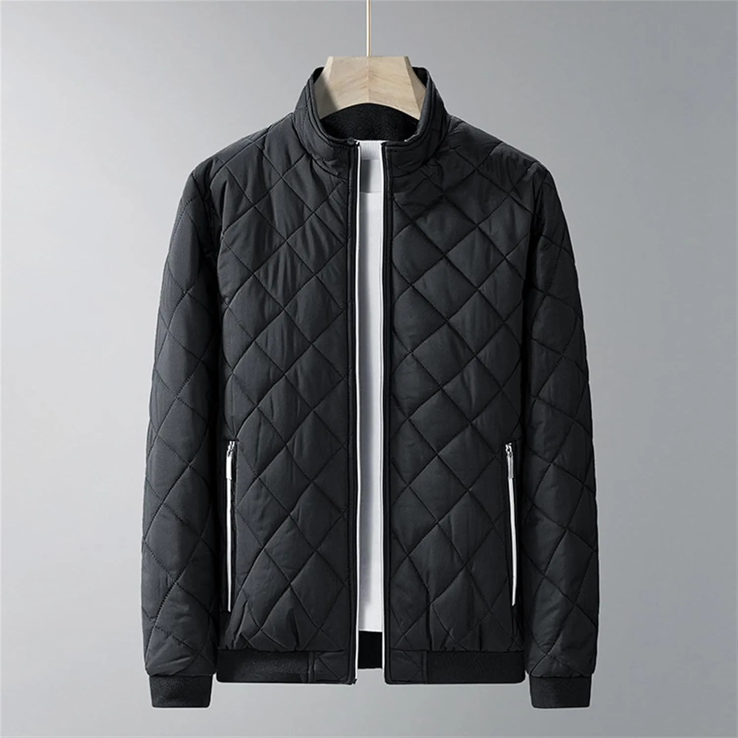 Men's Diamond Bomber Jackets Fleece-Lined Winter Coats Full Zip Insulated Quilted Jacket Warm Padded Cotton Coat