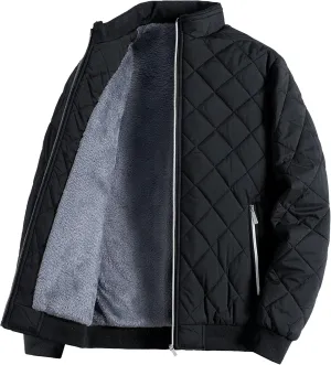 Men's Diamond Bomber Jackets Fleece-Lined Winter Coats Full Zip Insulated Quilted Jacket Warm Padded Cotton Coat