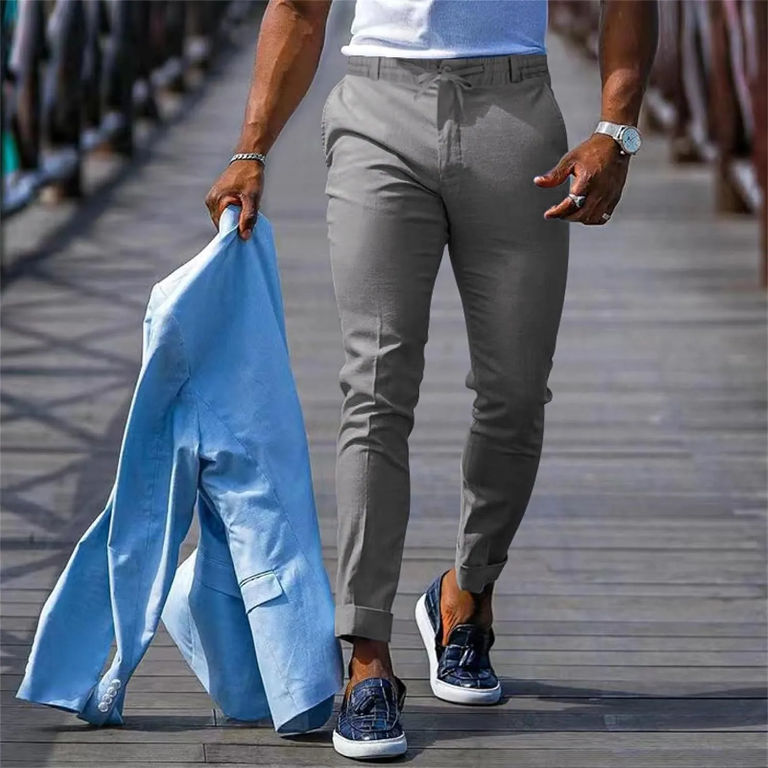 Men's Slim-Fit Flat-Front Stretch Chino Pants Casual Business Skinny Stretch Golf Dress Pants Tapered Leg Pencil Ankle Pants