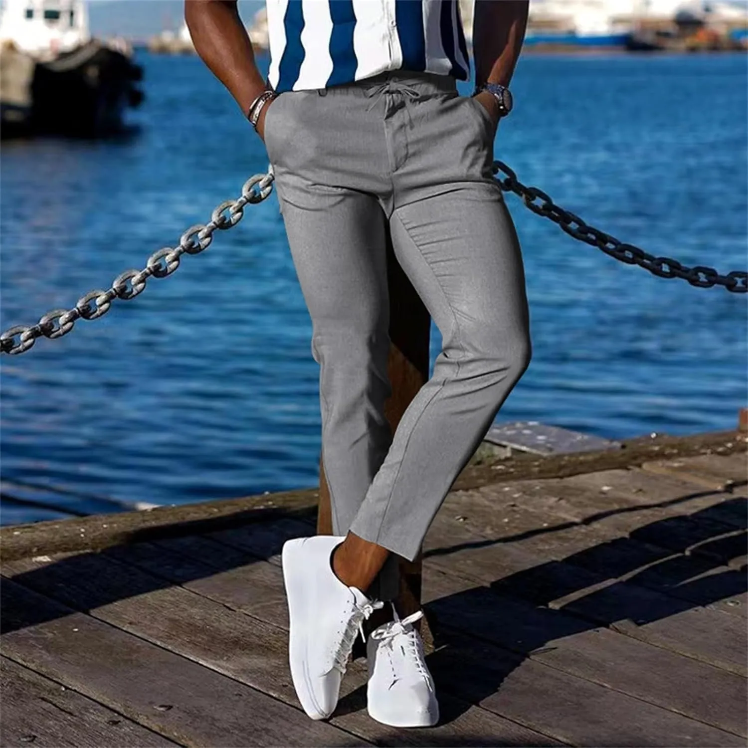 Men's Slim-Fit Flat-Front Stretch Chino Pants Casual Business Skinny Stretch Golf Dress Pants Tapered Leg Pencil Ankle Pants