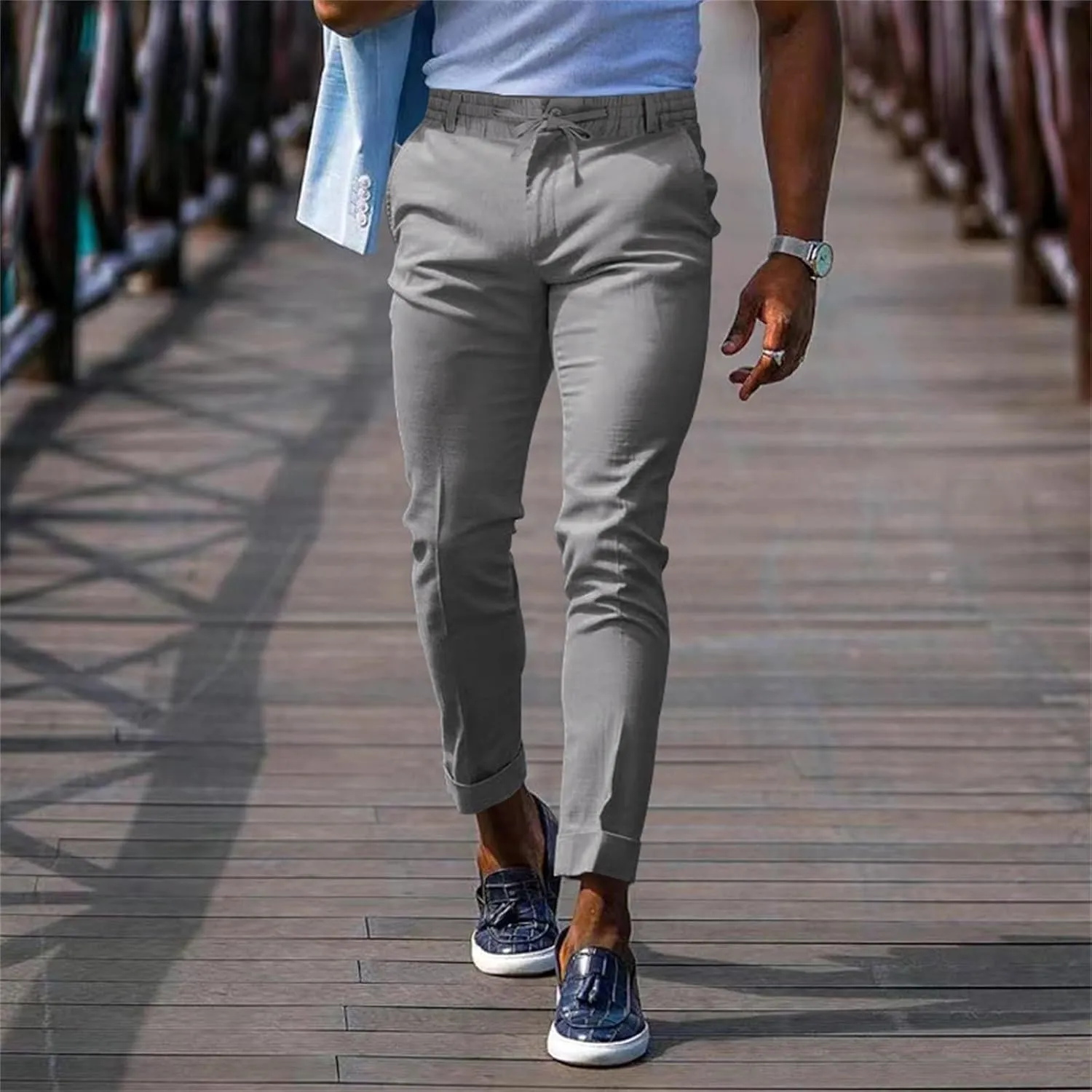 Men's Slim-Fit Flat-Front Stretch Chino Pants Casual Business Skinny Stretch Golf Dress Pants Tapered Leg Pencil Ankle Pants