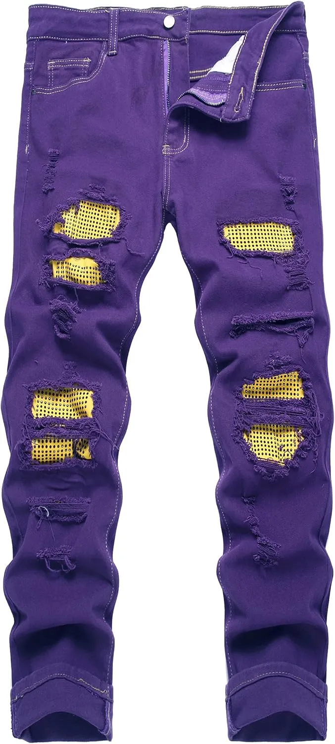Men's Slim-fit Stretch Denim Jeans Featuring a Ripped Stretch Regular Pants
