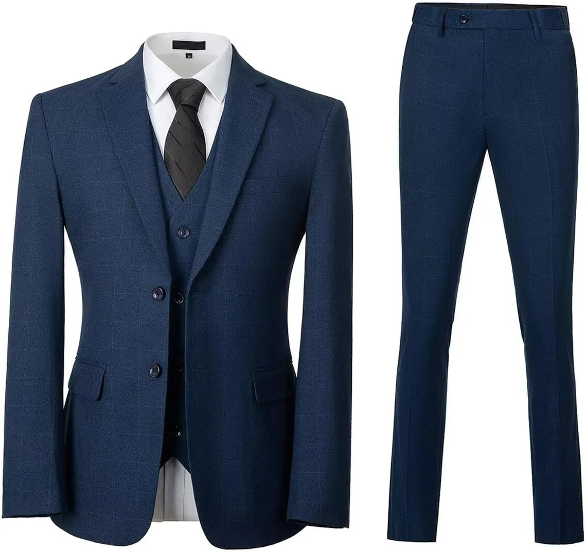 Men's Suits 3 Piece Slim Fit Tuxedo for Men Two Button Plaid Jacket Vest Pants Set for Formal Wedding Prom Business Party