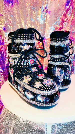 Mermaid Sliver Black Sequin Snow Boots