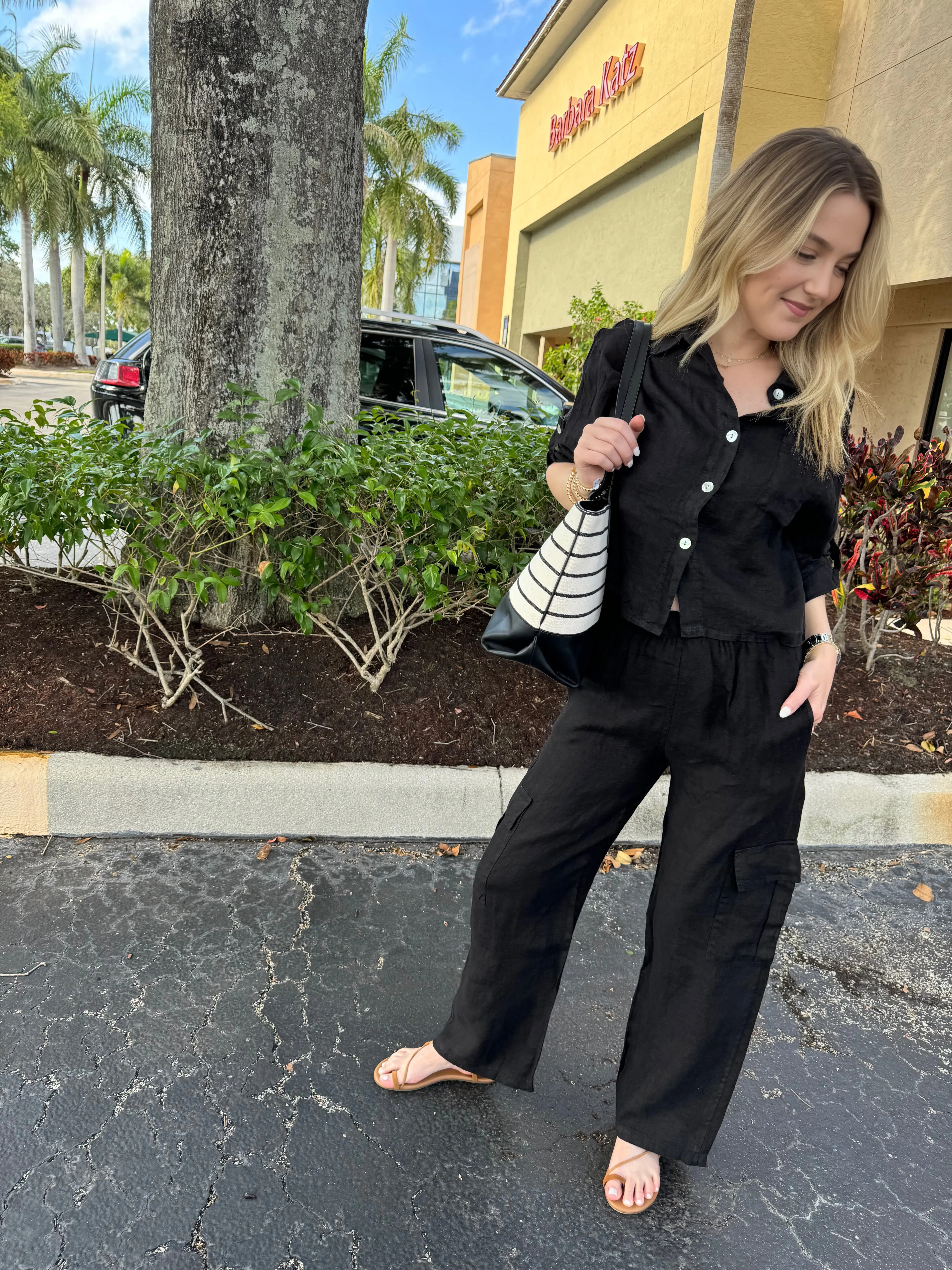 Midnight Rain Linen Cargo Pants - Black