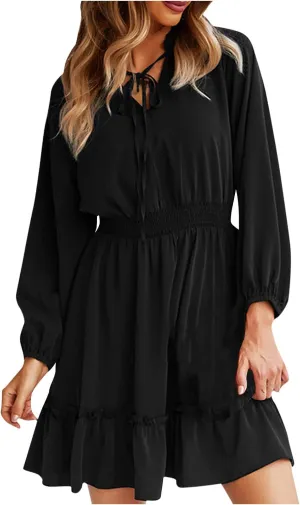 Mini Dresses for Women Fashion Pleated Ruffle Hem Elastic Waist Comfortable Dress Casual Long Sleeve Babydoll Dresses