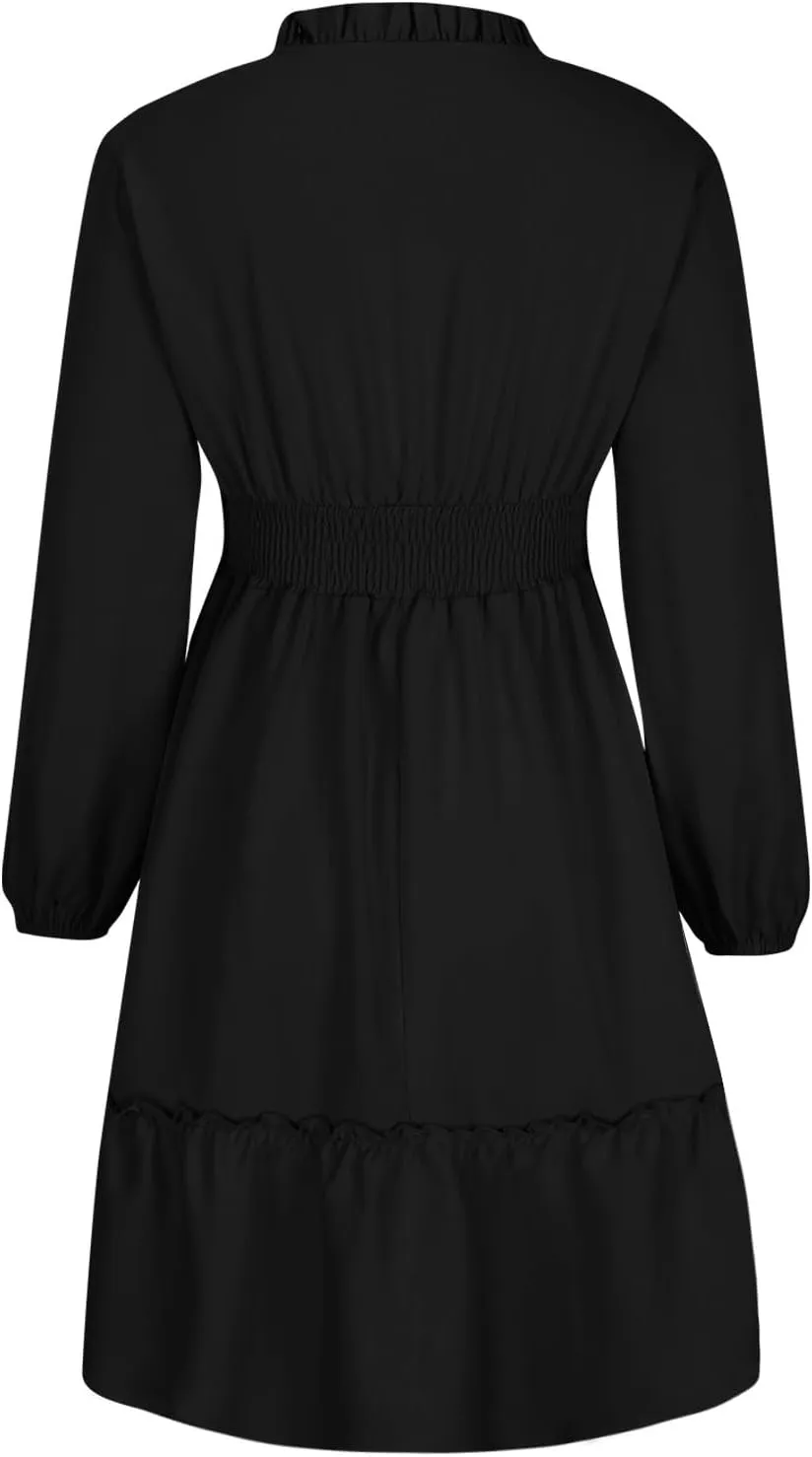 Mini Dresses for Women Fashion Pleated Ruffle Hem Elastic Waist Comfortable Dress Casual Long Sleeve Babydoll Dresses