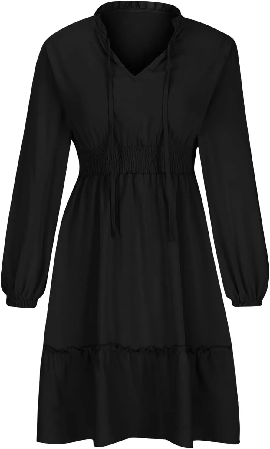 Mini Dresses for Women Fashion Pleated Ruffle Hem Elastic Waist Comfortable Dress Casual Long Sleeve Babydoll Dresses