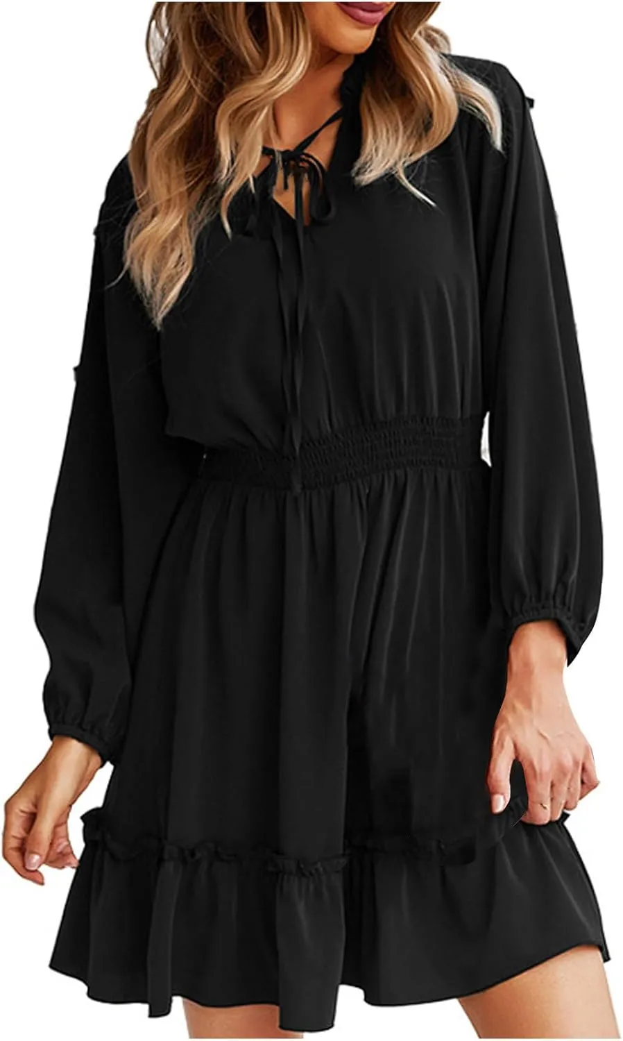 Mini Dresses for Women Fashion Pleated Ruffle Hem Elastic Waist Comfortable Dress Casual Long Sleeve Babydoll Dresses