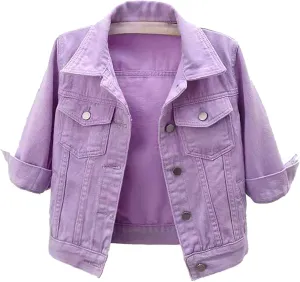 Miyaomn Womens 3/4 Sleeve Short Denim Jacket Lapel Collared Button Down Cropped Jean Jackets Pockets Casual Work Trucker Coat