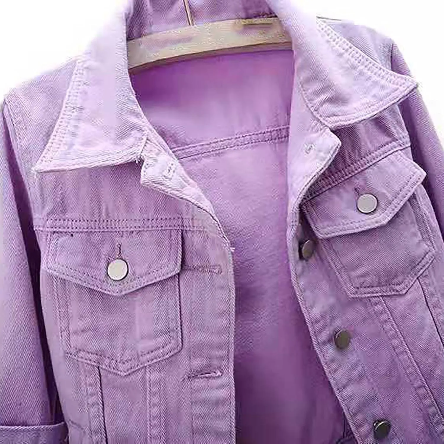 Miyaomn Womens 3/4 Sleeve Short Denim Jacket Lapel Collared Button Down Cropped Jean Jackets Pockets Casual Work Trucker Coat