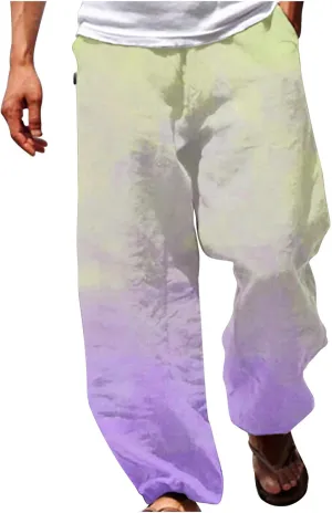 Muscularfit Mens Stretch Pants Casual Loose Drawstring Cotton Linen Straight Legs Fashion Gradient Color Stretch Trousers